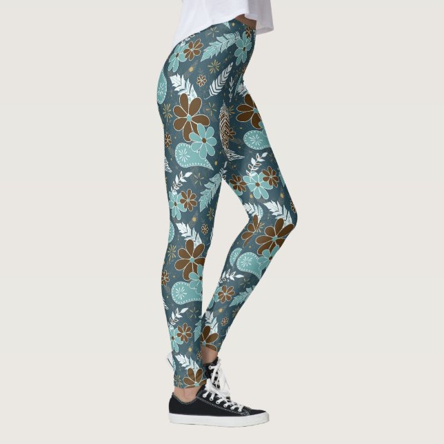 Leggings poudle paislies plumes fleurs boho motif turquoise (Droite)