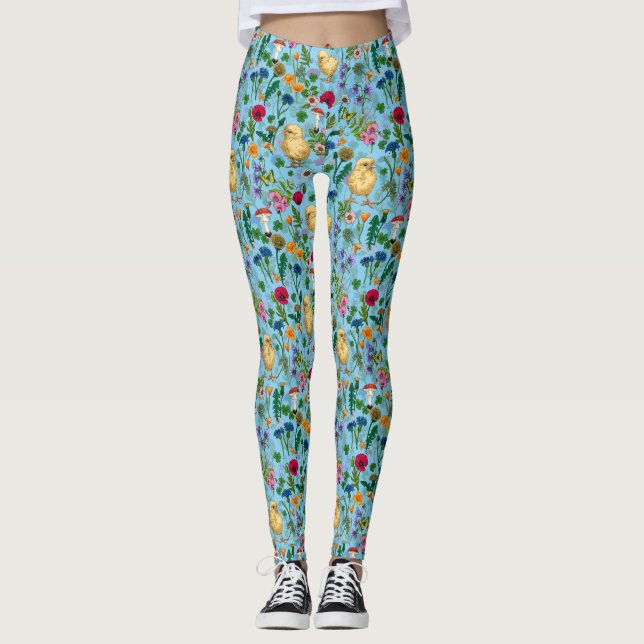 Leggings Poulets et fleurs sauvages sur le bleu bébé (Devant)