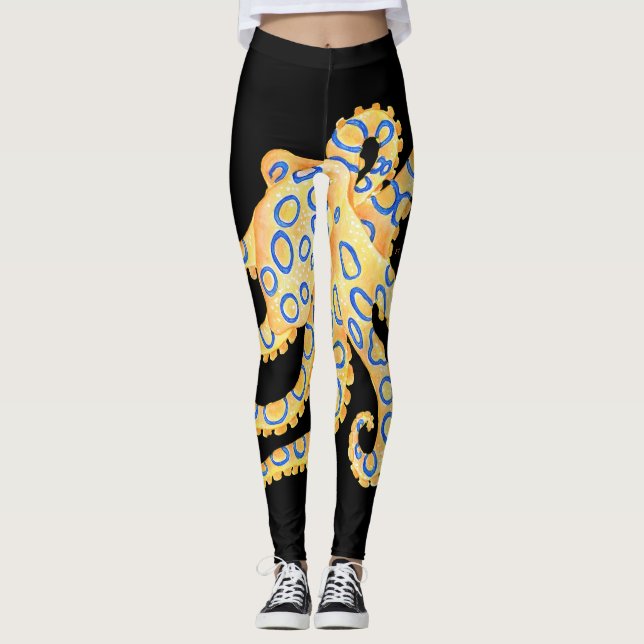 Leggings Poulpe bleu d'anneau sur le noir (Devant)