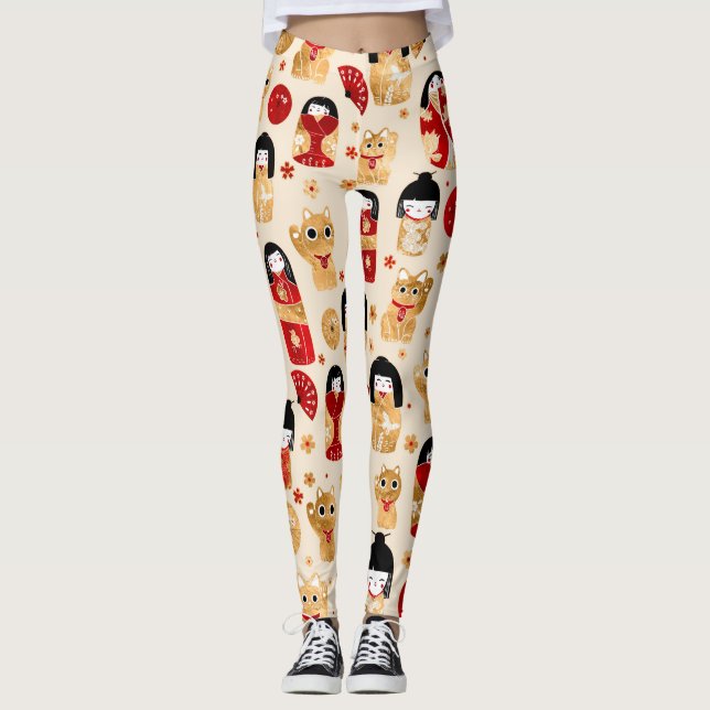 Leggings Poupées japonaises - Chats Kokeshi et Maneki Neko (Devant)