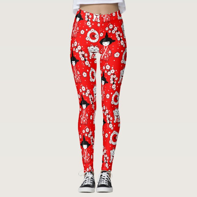 Leggings Poupées japonaises - Chats Kokeshi et Maneki Neko (Devant)