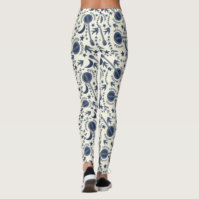 Leggings Pour Banjo Players Blue et Cream Folk Art Motif (Dos)