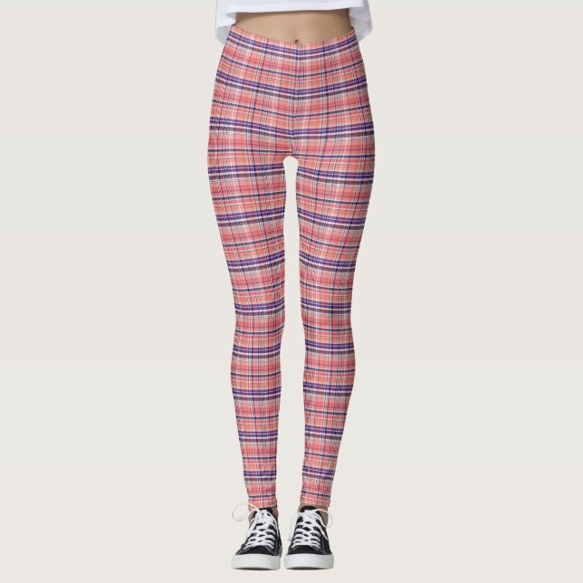 Leggings Preppy Lt Coral What Navy Blue Plaid Madras Tartan (Devant)