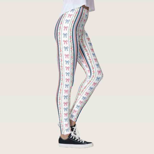 Leggings Preppy Pink Blue Coquette Bows Stripes Trendy (Droite)
