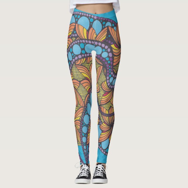 Leggings Psychédélique, doodle art, boho, design abstrait (Devant)