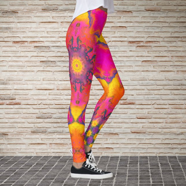 Leggings Psychédélique Hippie Fleur rose violet et jaune (Créateur téléchargé)