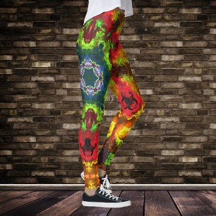 Leggings Psychédélique Hippie Fleur verte rouge et orange