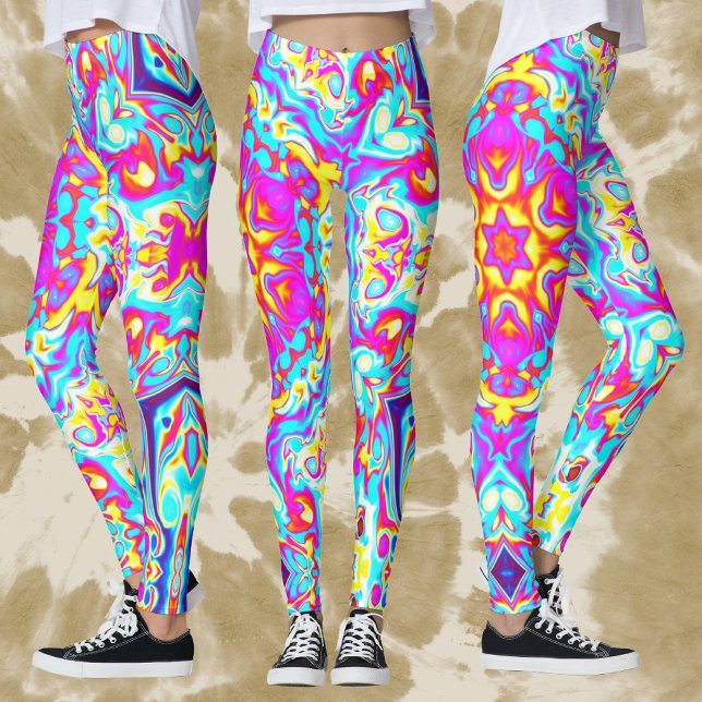 Leggings Psychédélique Mandala Flower bleu rose et jaune (Créateur téléchargé)