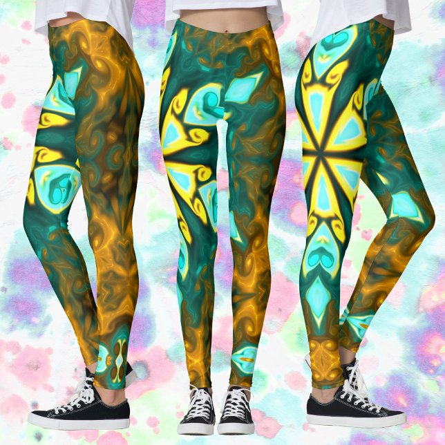 Leggings Psychédélique Mandala Flower Turquoise et jaune (Créateur téléchargé)