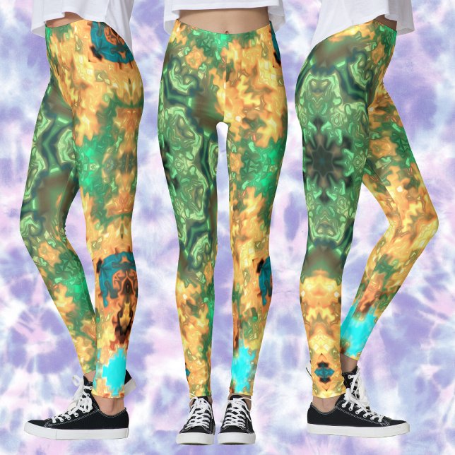Leggings Psychédélique Mandala Flower vert et jaune (Créateur téléchargé)