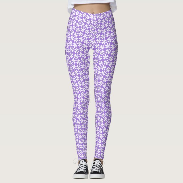 Leggings Purple and White Modern Geometric Floral Pattern (Devant)