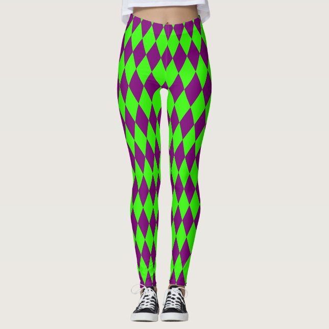 Leggings Purple Green Harlequin Checkered Design  (Devant)
