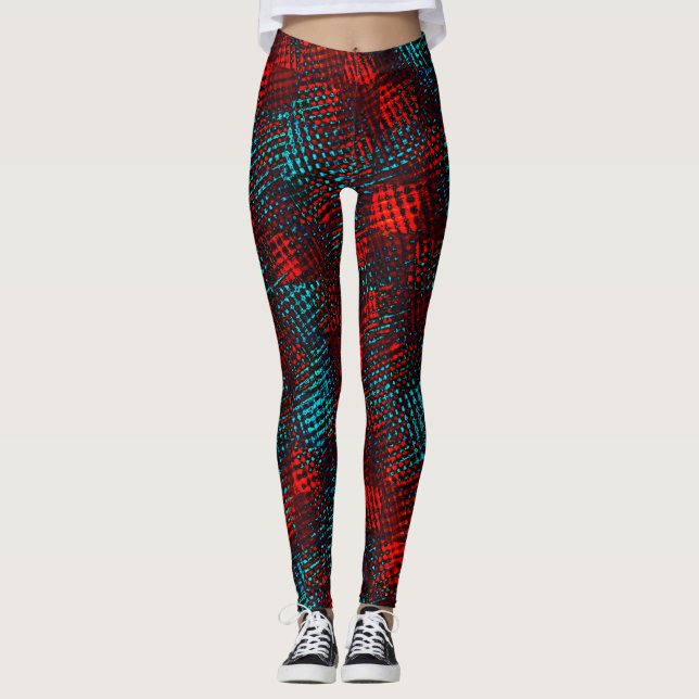 Leggings Quadriculados riscados em vermelho e azul claro. (Devant)