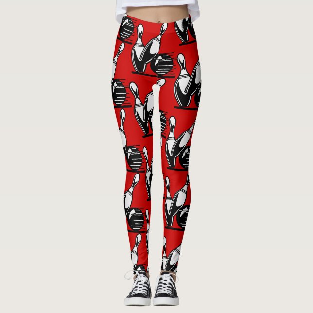 Leggings Quilles de bowling rétro noir et blanc sur fond ro (Devant)