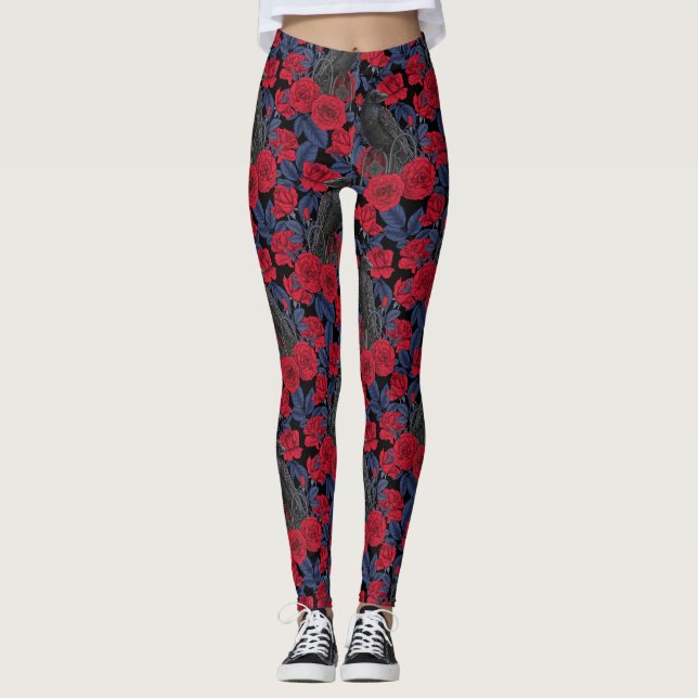 Leggings Ravages et roses avec des feuilles bleu foncé (Devant)