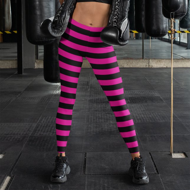 Leggings Rayure horizontale rose chaud et noir (Black and Hot Pink Horizontal Stripe Leggings)