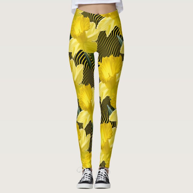 Leggings Rayure jaune onduleuse de grandes jonquilles (Devant)