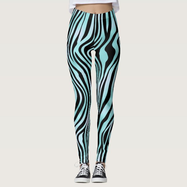 Leggings Rayure Zèbre Turquoise Bleu Vert et Noir (Devant)