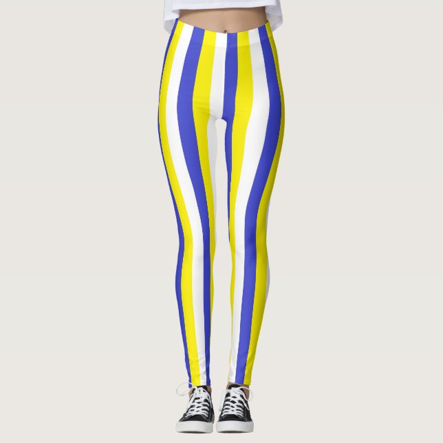 Leggings Rayures bleues, jaunes et blanches verticales (Devant)
