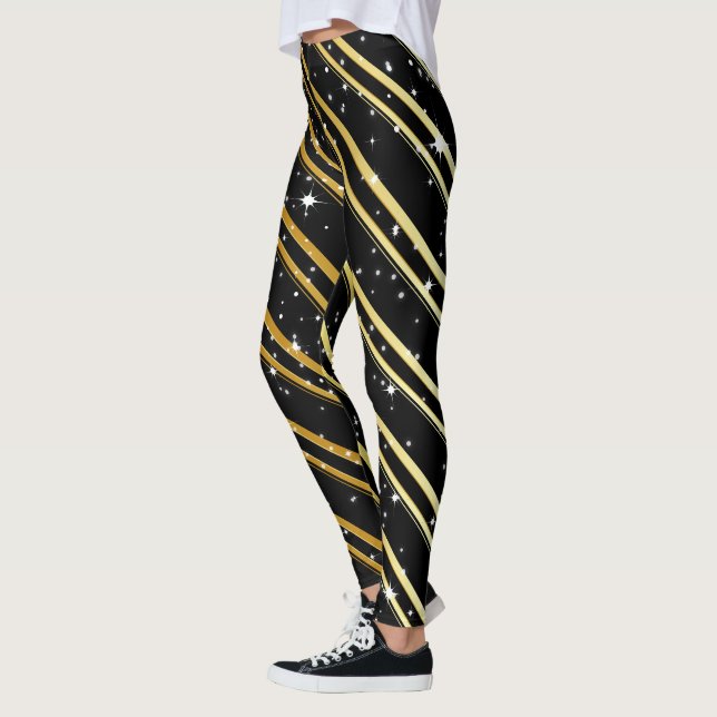 Leggings Rayures dorées classe avec neige sur fond NOIR (Gauche)