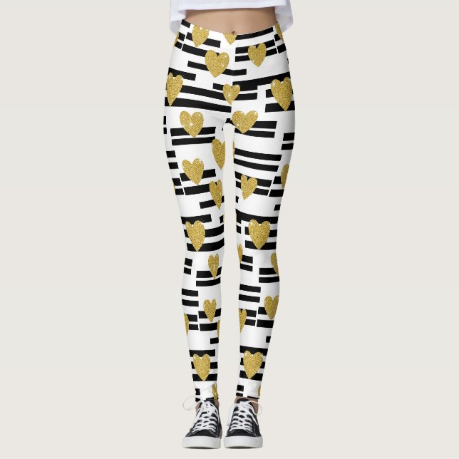 Leggings Rayures noires et blanches à motifs de coeurs doré (Devant)