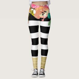 Leggings Rayures noires et blanches Glam or Moderne Floral