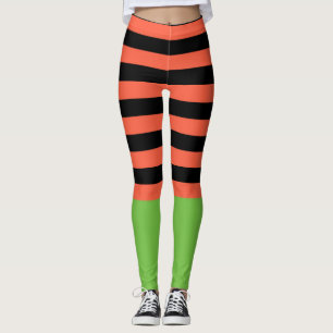 Leggings Rayures noires et orange, bas vert, Halloween amus