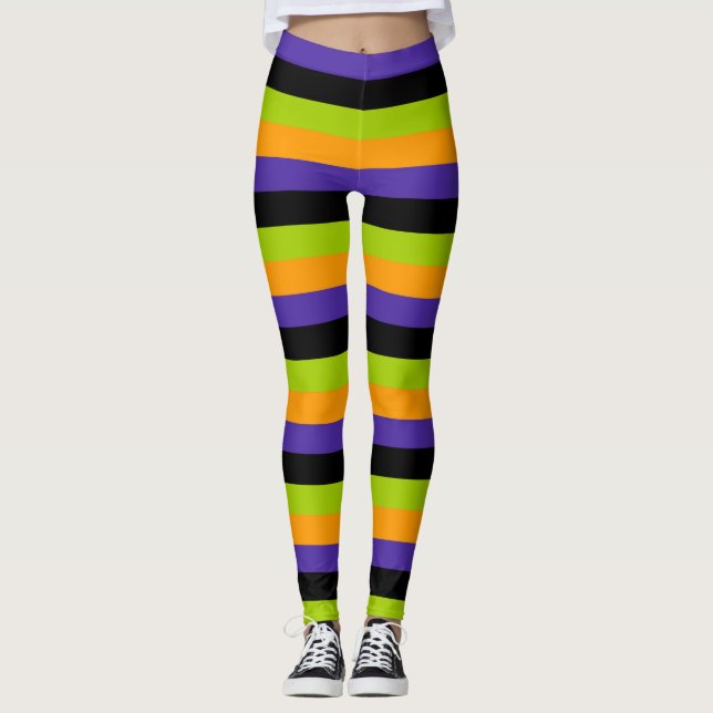 Leggings Rayures sorcières vert noir orange violet Hallowee (Devant)
