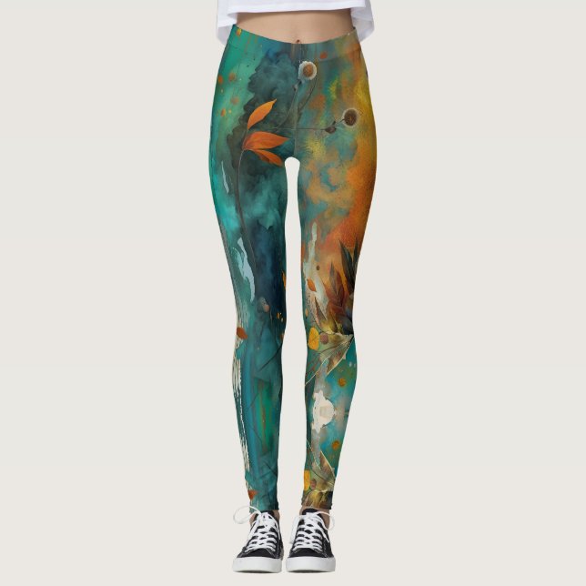 Leggings Récolte d'automne Turquoise rouille or Abstrait (Devant)