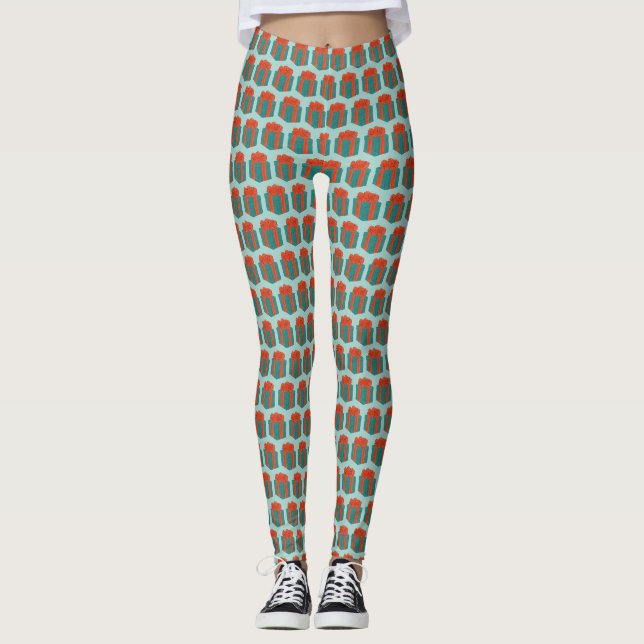 Leggings Red Green Holiday Noël Hanoukka boîte cadeau Bow (Devant)