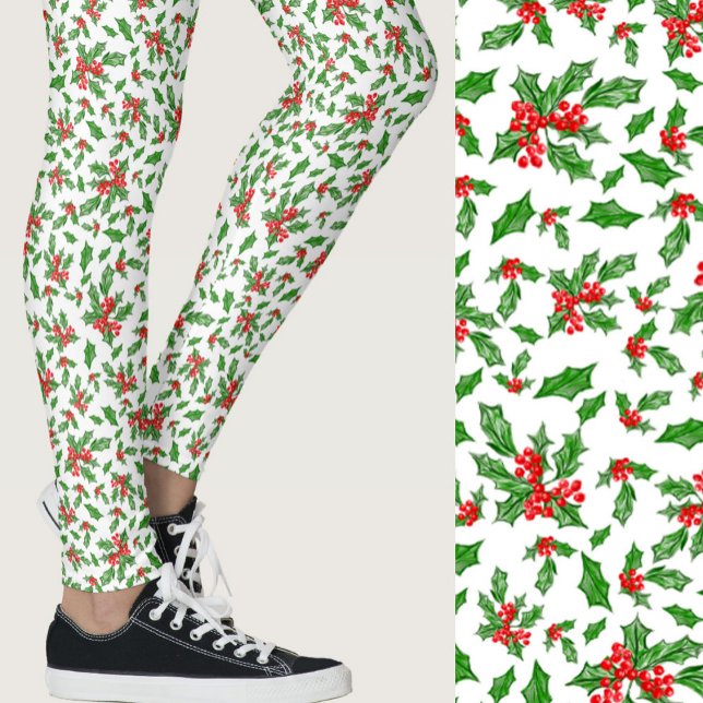Leggings Red, white, and green holly Christmas Patterned (Créateur téléchargé)