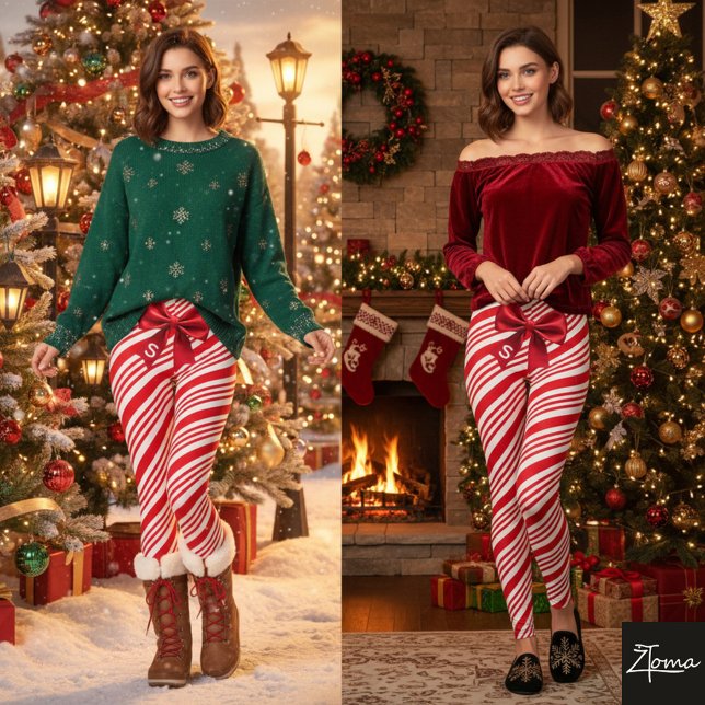 Leggings Red White Candy Cane Diagonal Stripes Bow (Créateur téléchargé)