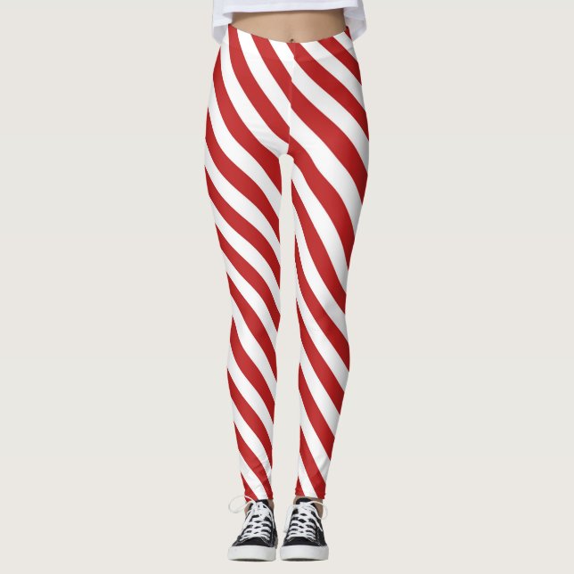Leggings Red White Diagonal Sucre de canne Stripes (Devant)