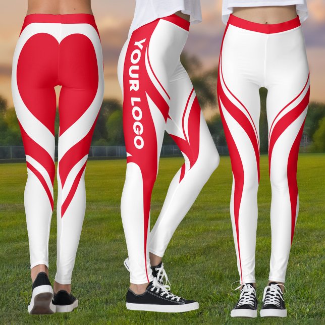 Leggings Red White Heart Team Butt Logo Uniforme Pom-pom gi (Red and white leggings with red heart on butt and your team logo down side of leg)