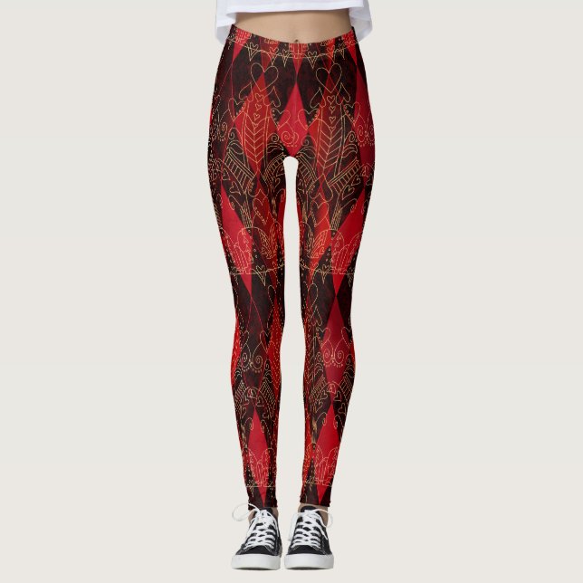 Leggings Reine des Coeurs Glitzy Arlequin Rouge Noir Blanc (Devant)