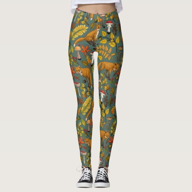 Leggings Renard d'automne sur pin vert (Devant)
