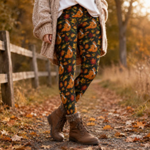Leggings Renard roux Feuilles d'automne Glands Motif vert