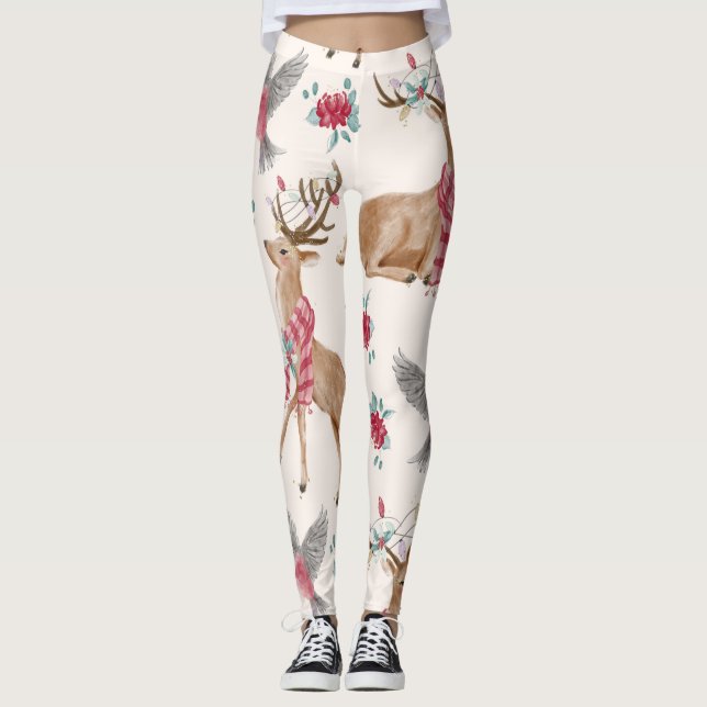 Leggings Rennes adorables, Oiseaux, Fleurs (Devant)