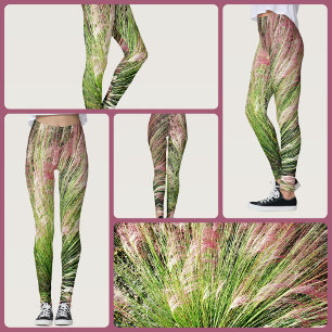 Leggings Résumé abstrait de l'herbe de Muhly rose et vert i