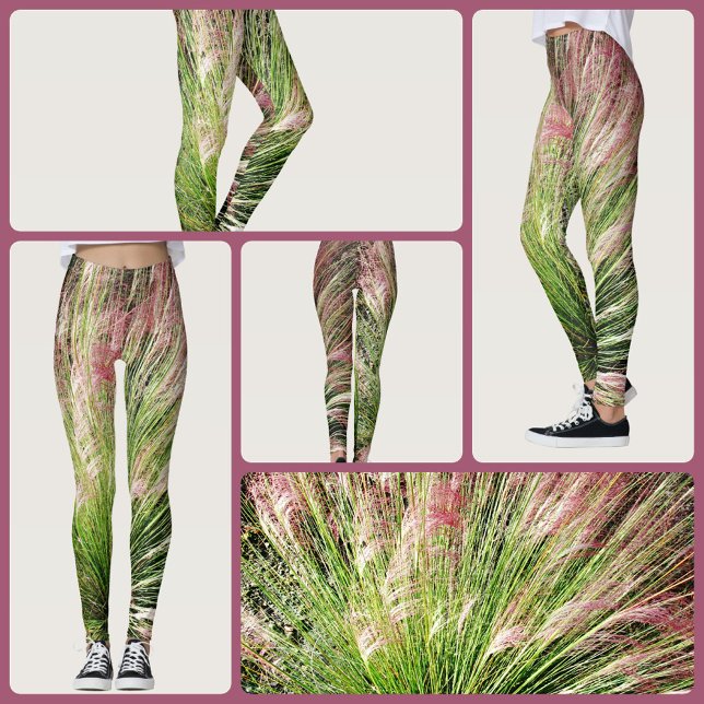 Leggings Résumé abstrait de l'herbe de Muhly rose et vert i (Créateur téléchargé)