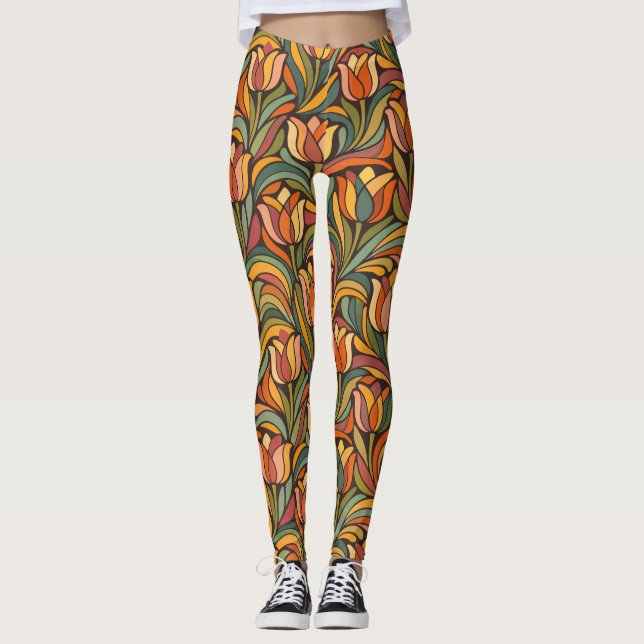 Leggings Retro Abstract Orange Tulip Floral Yoga Style  (Devant)