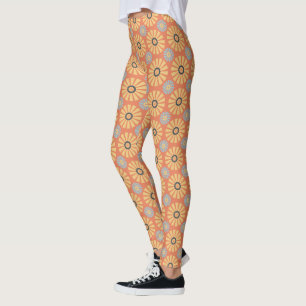 Leggings Retro Abstrat Motif de marguerites bleues et orang