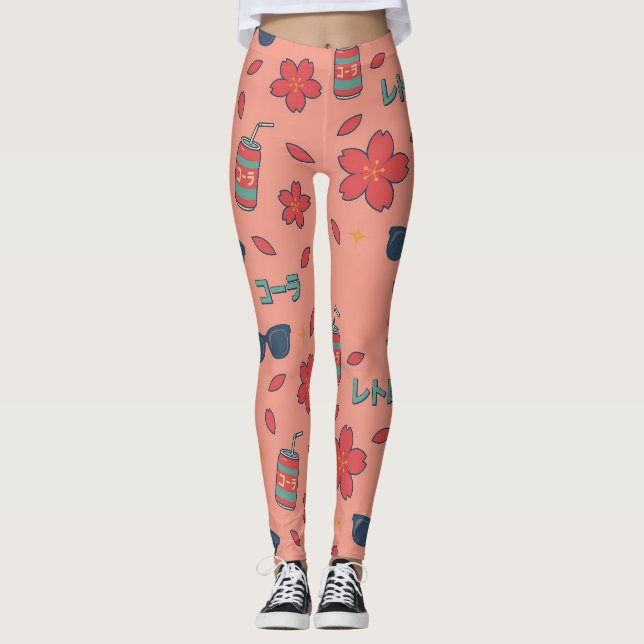 Leggings Rétro Animé Vacances – Icones Kawaii Néon (Devant)
