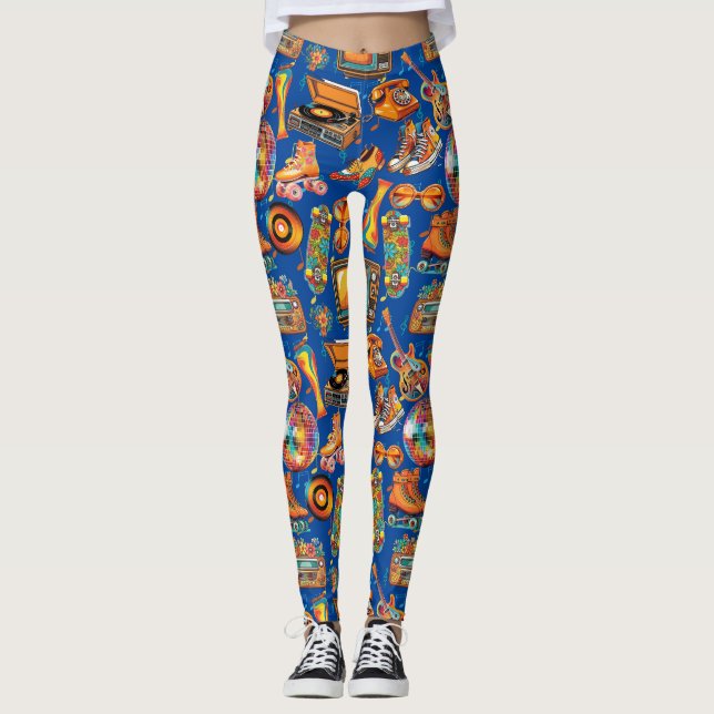 Leggings Retro Beat Patternx4 Blue BG (Devant)