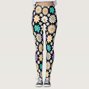 Leggings Retro Daisy Motif Simple.01. BG noir