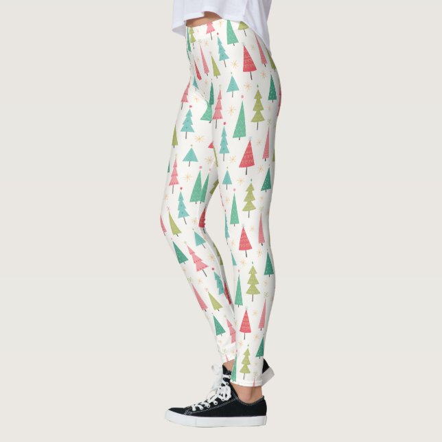 Leggings Retro Joyeux arbres de Noël Fun Motif de vacances (Gauche)