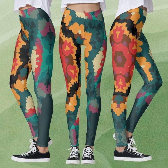 Leggings Rétro Mandala bleu orange et rouge (Créateur téléchargé)