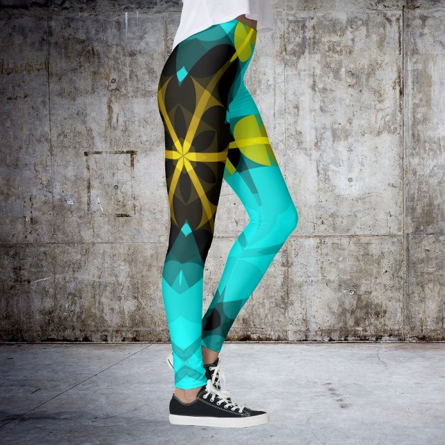 Leggings Retro Mandala Flower Blue Jaune et Noir (Créateur téléchargé)