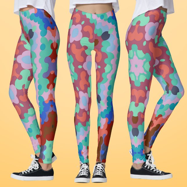 Leggings Retro Mandala Flower Blue Rouge et Turquoise (Créateur téléchargé)