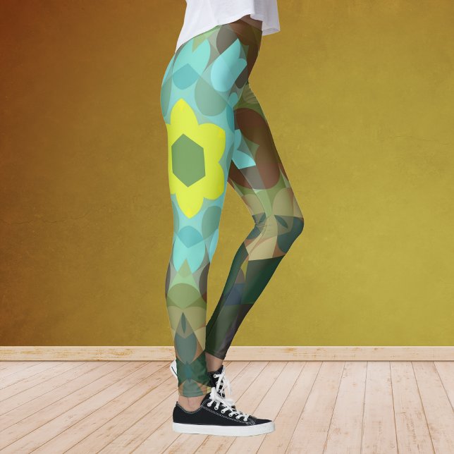 Leggings Retro Mandala Flower Yellow Blue et Brown (Créateur téléchargé)